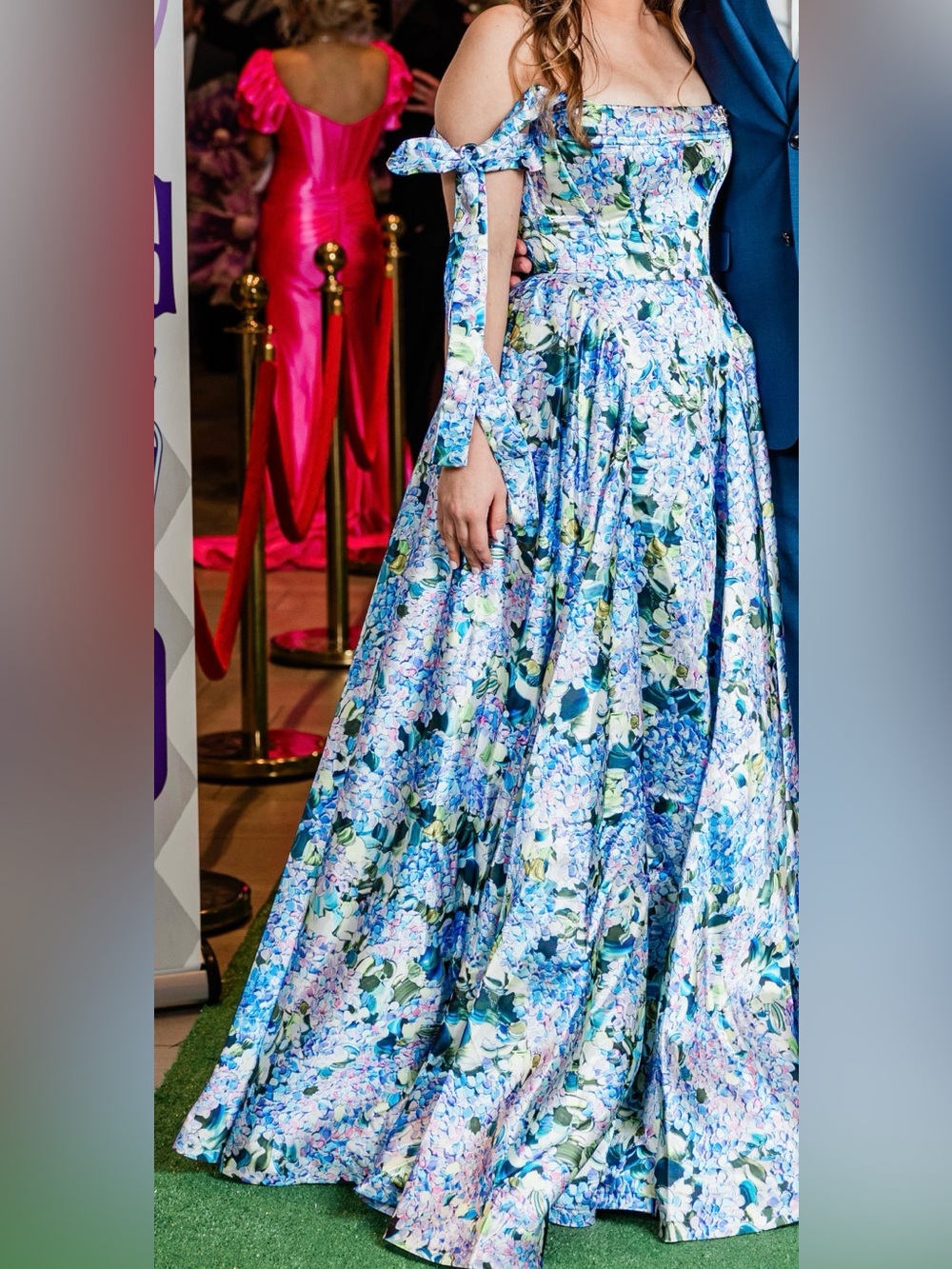 Off-Shoulder Blue Floral Maxi Dress